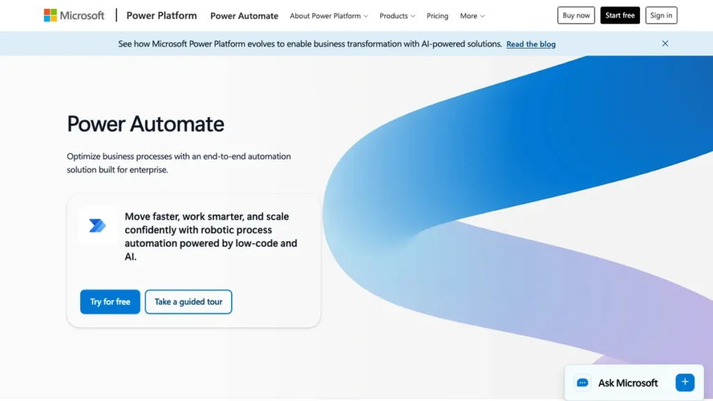 Power Automate homepage screenshot