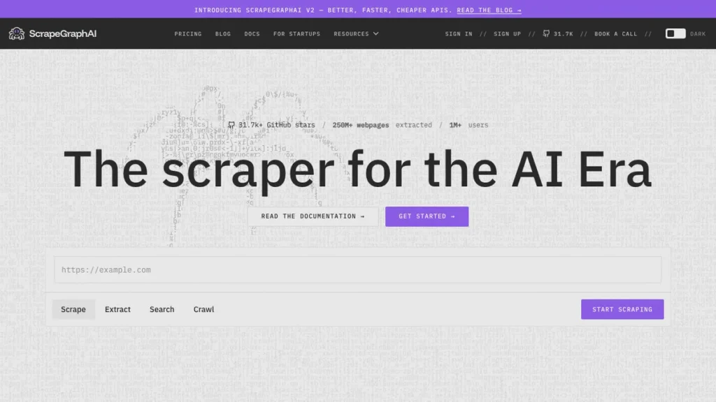 ScrapeGraphAI homepage screenshot