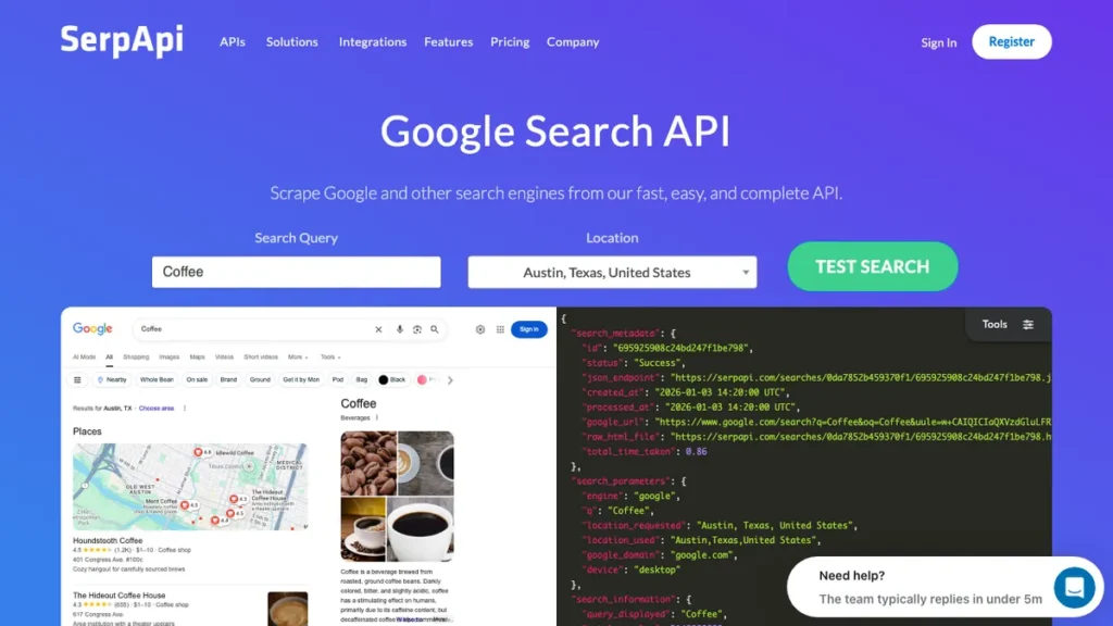 SerpApi homepage screenshot