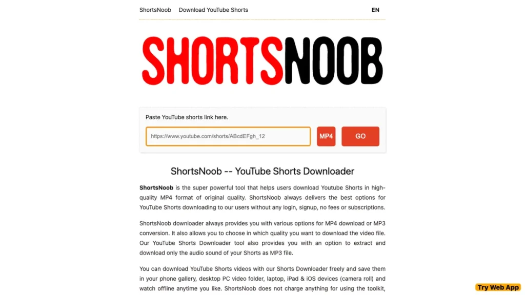 ShortsNoob homepage screenshot