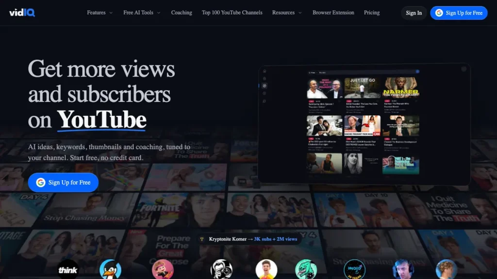 vidIQ homepage screenshot