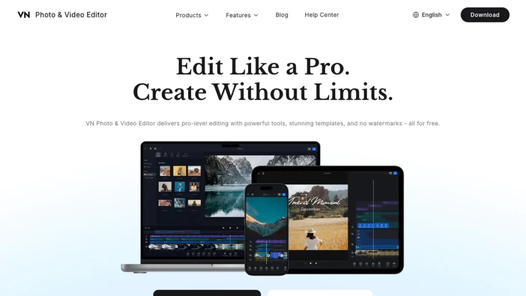 VN Video Editor homepage screenshot