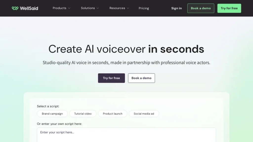 WellSaid Labs homepage screenshot