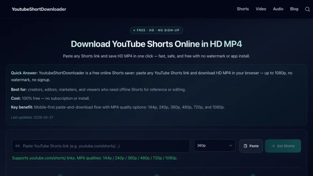 YoutubeShortDownloader homepage screenshot