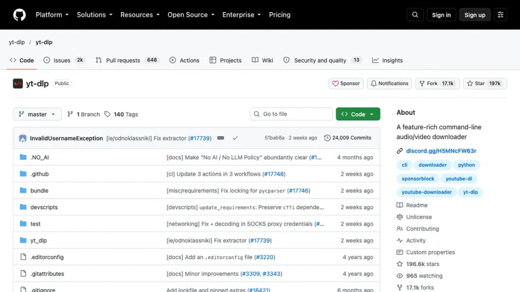 yt-dlp homepage screenshot