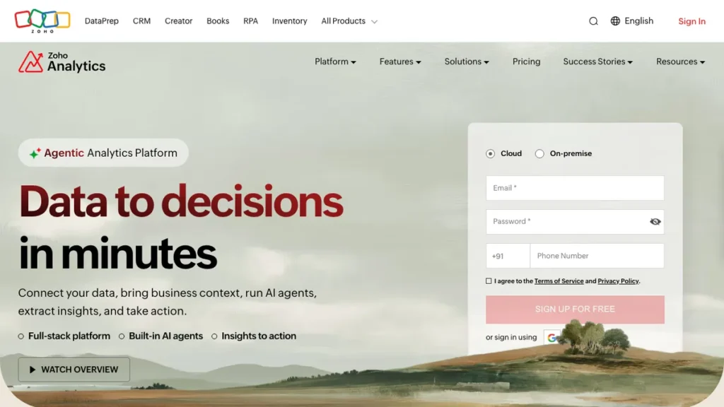 Zoho Analytics homepage screenshot