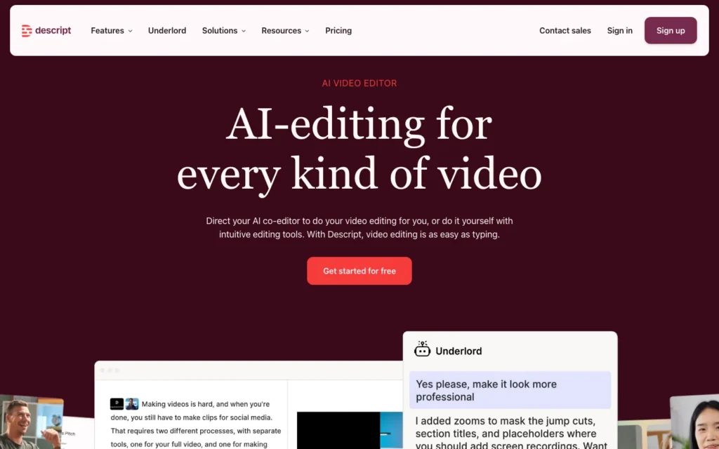 Descript homepage screenshot