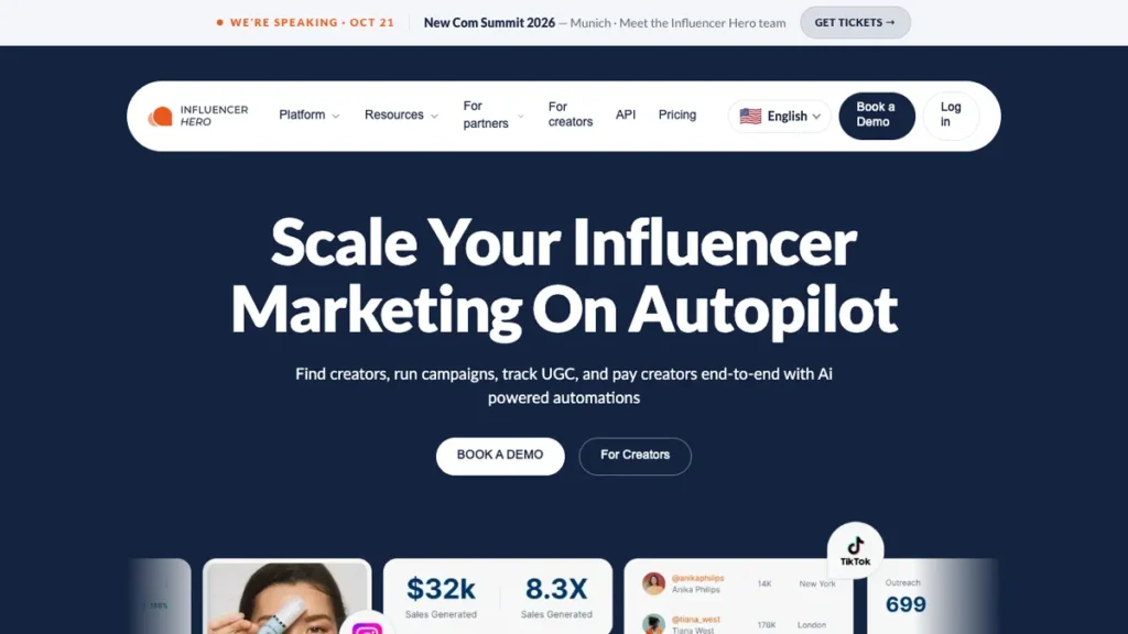Influencer Hero homepage screenshot