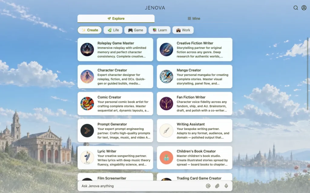 Jenova homepage screenshot