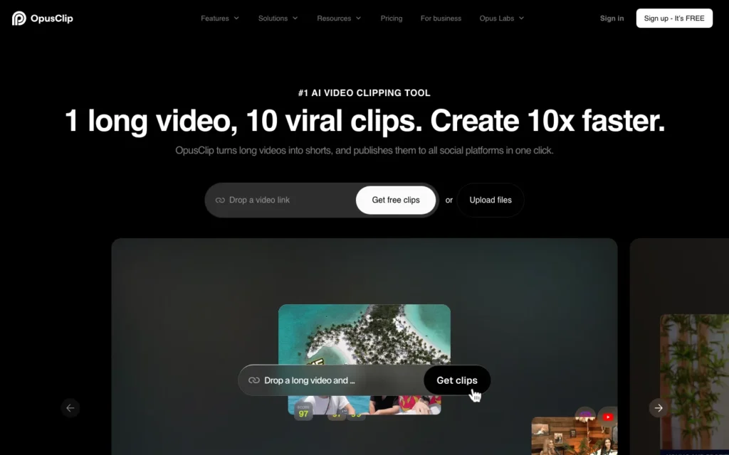 OpusClip homepage screenshot
