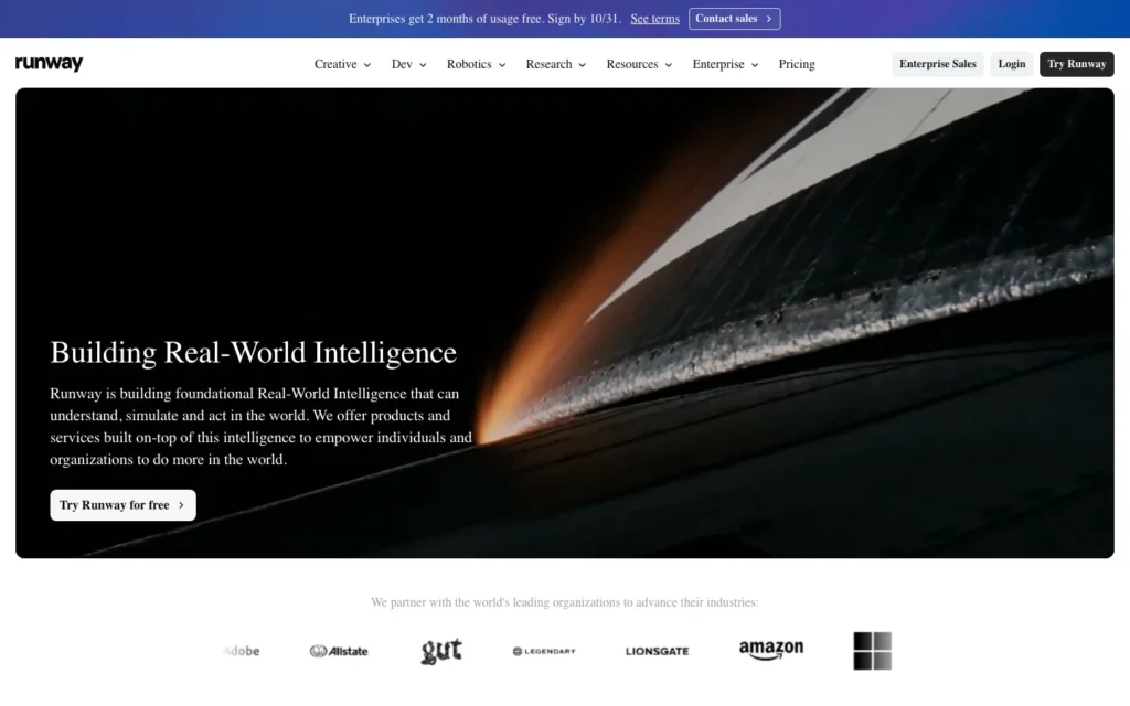 Runway homepage screenshot