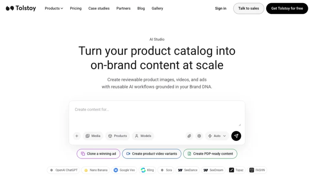 Tolstoy AI Studio homepage screenshot